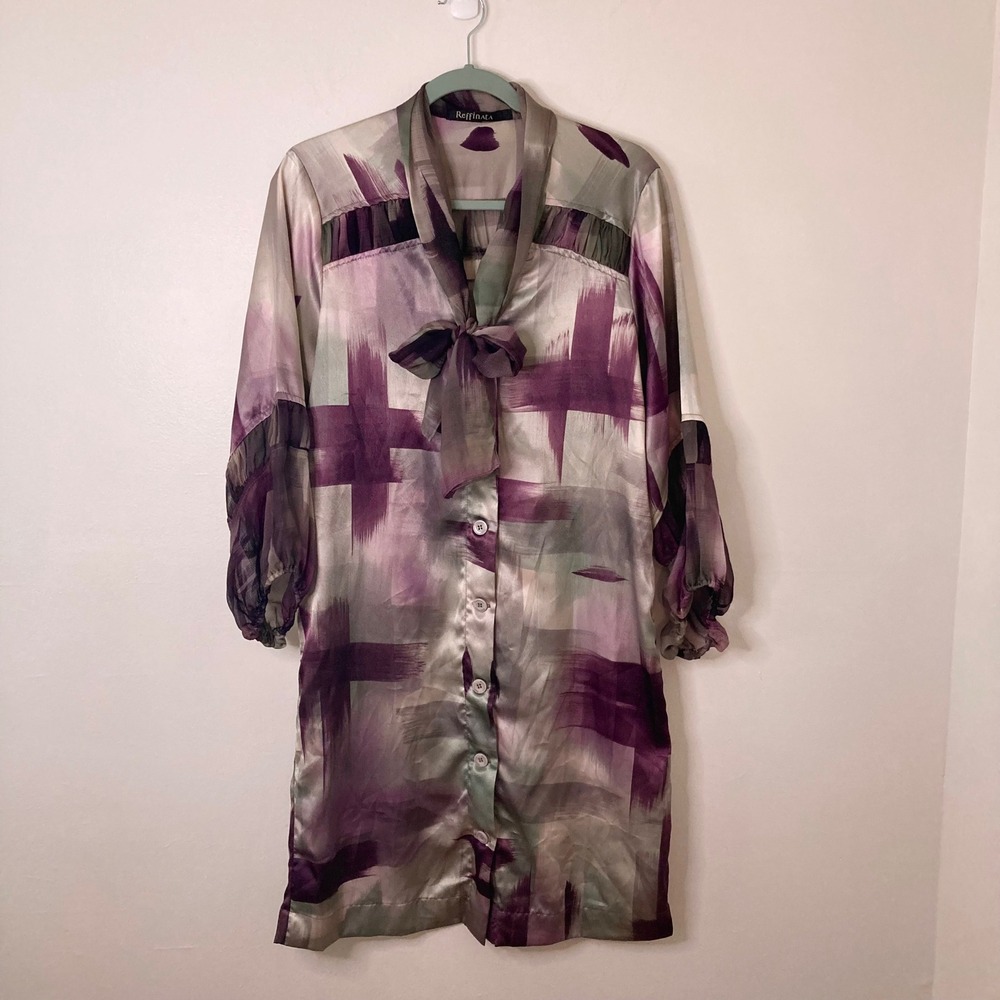 Reffinata Artsy Purple Abstract Watercolor Tie-neck Satin Shirt Dress Sheer L